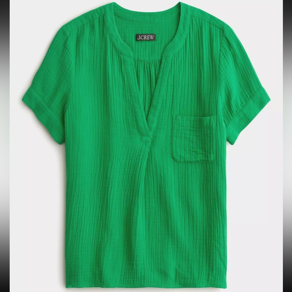 J. Crew Green Short-Sleeve V-Neck Pocket Top